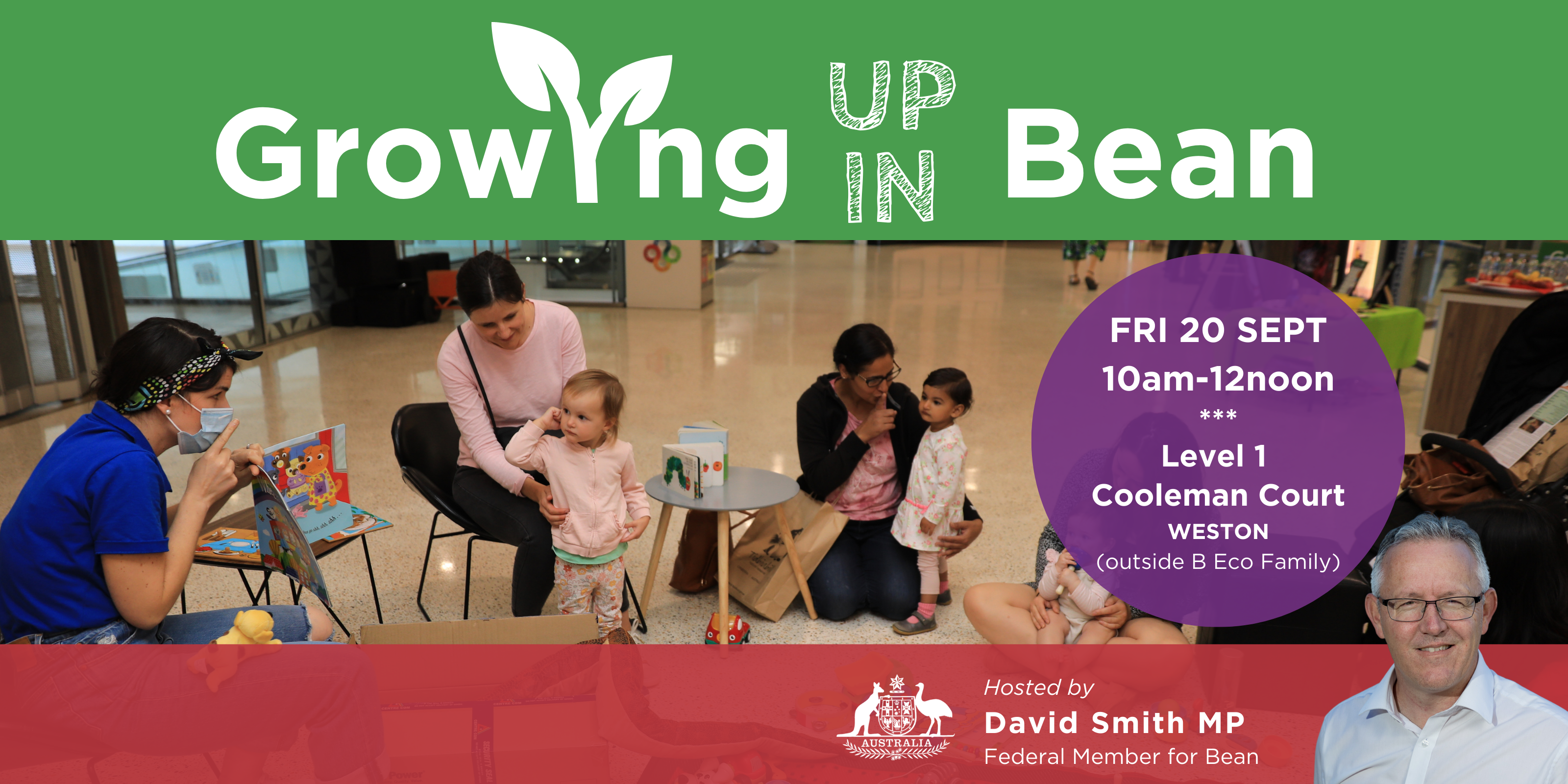 Woman seated reading a picture booked to toddlers and mothers seated in a circle. Also overlay of David Smith MP who is hosting an event at Cooleman on Fri 20 Sept.